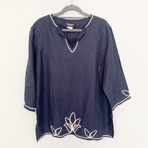 Nira Nira v-neck elbow sleeve embroidered 100%‎ linen lagenlook top